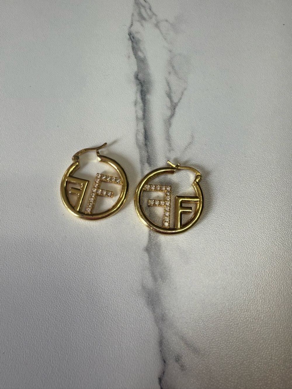 Gold Hoop Earrings with Pave F Accent
